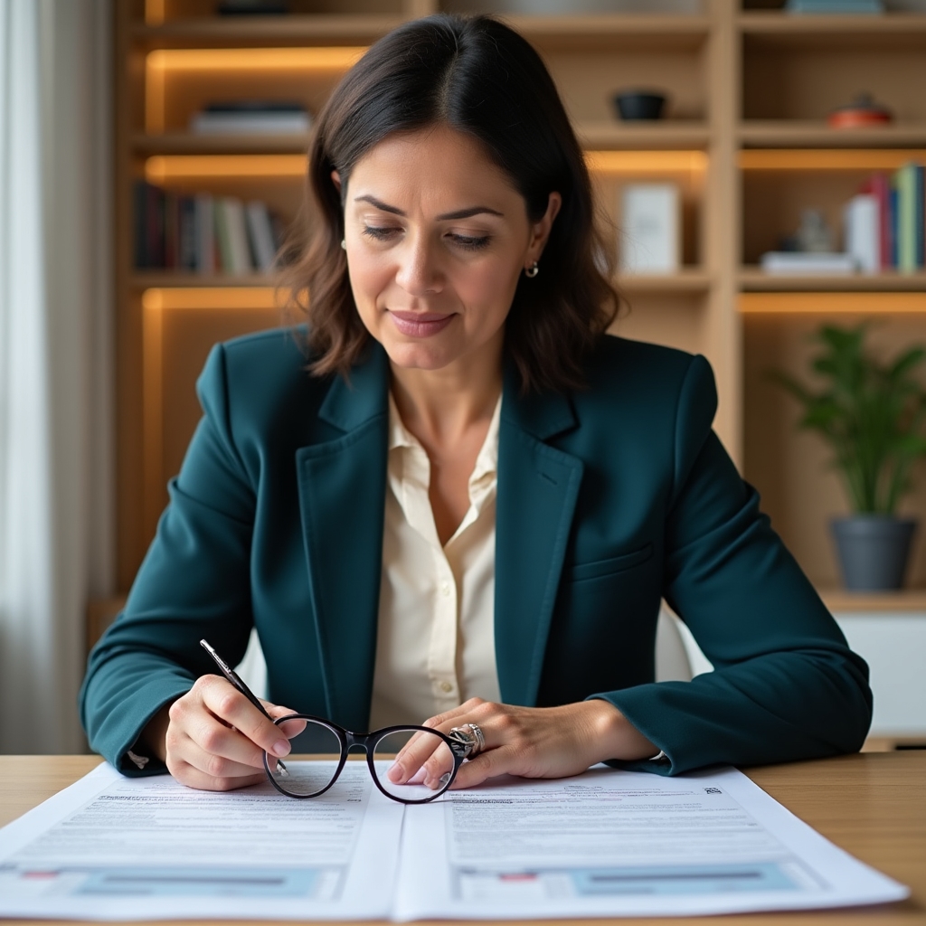 Mujer profesional de mediana carrera revisando estados de cuenta de su AFORE con expresión concentrada en su escritorio