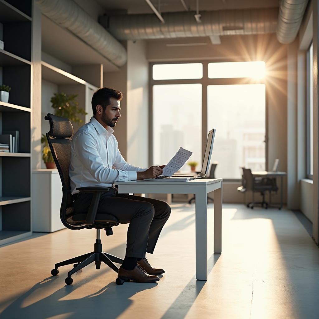 Empleado mexicano revisando documentos de nómina en un escritorio moderno