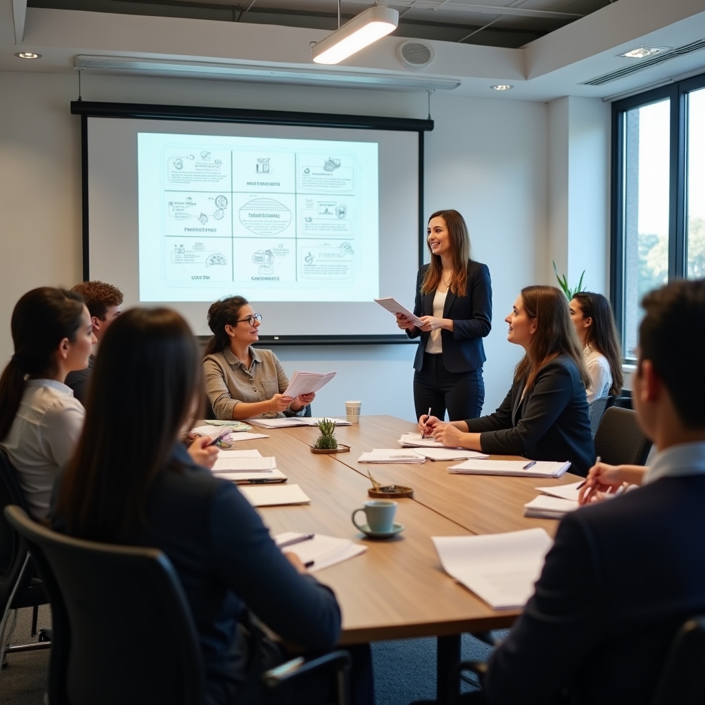 Grupo de empleados mexicanos del sector formal en un taller, participando activamente en una discusión con un facilitador frente a una pantalla