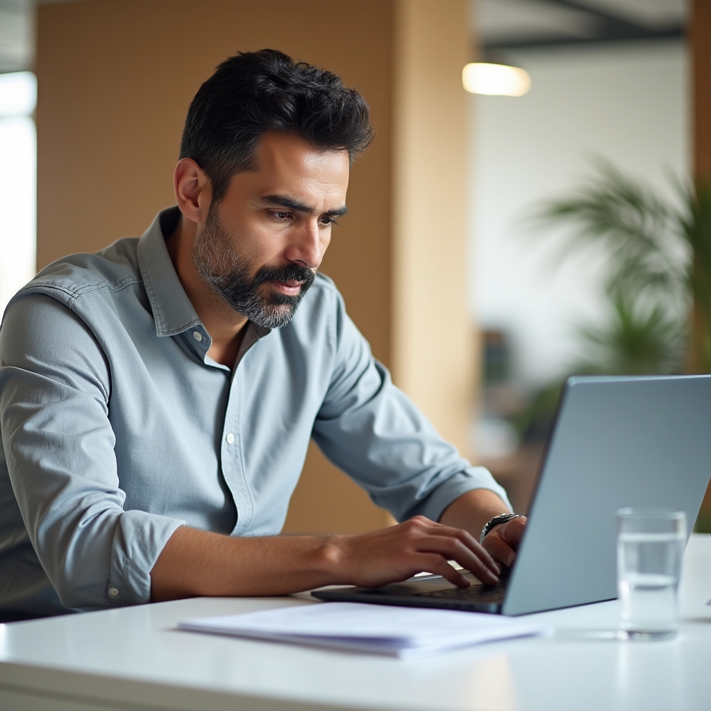 Empleado consultando el saldo de su subcuenta de vivienda INFONAVIT en una laptop en una oficina moderna iluminada
