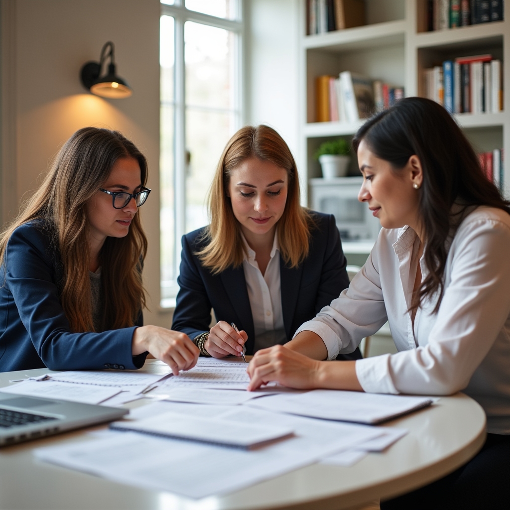 CoreMoneta educators in a discussion planning session around a table with documents and natural light