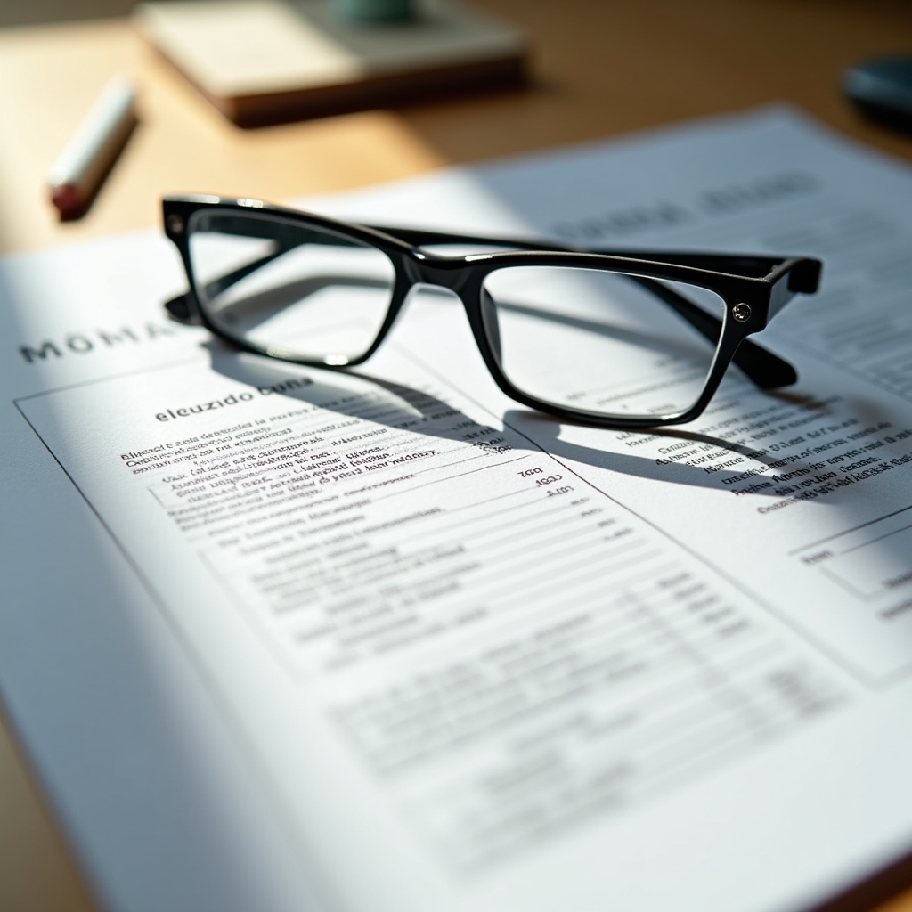 Close-up of a detailed Mexican payroll document on a clean desk with reading glasses nearby, natural window light