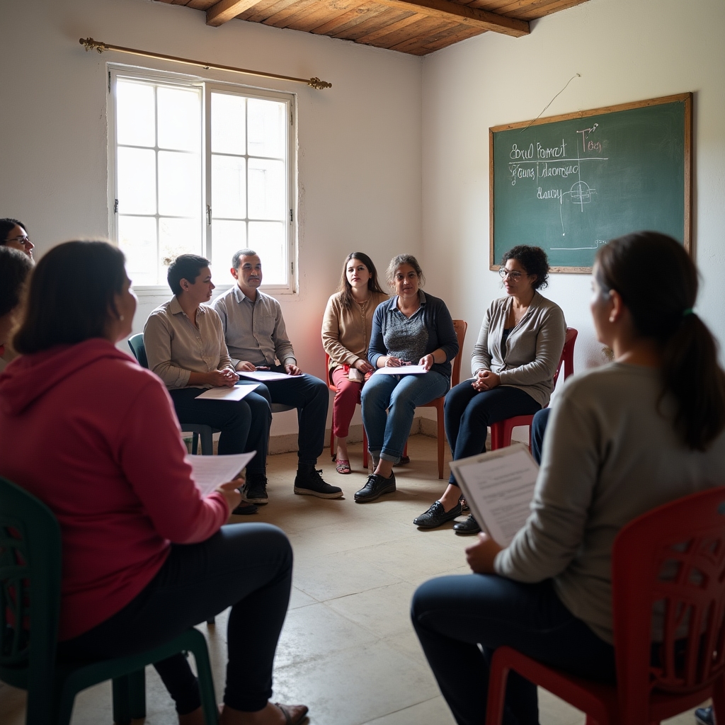 Financial education session taking place in a smaller rural Mexican community setting, participants seated in a simple bright room with educational materials