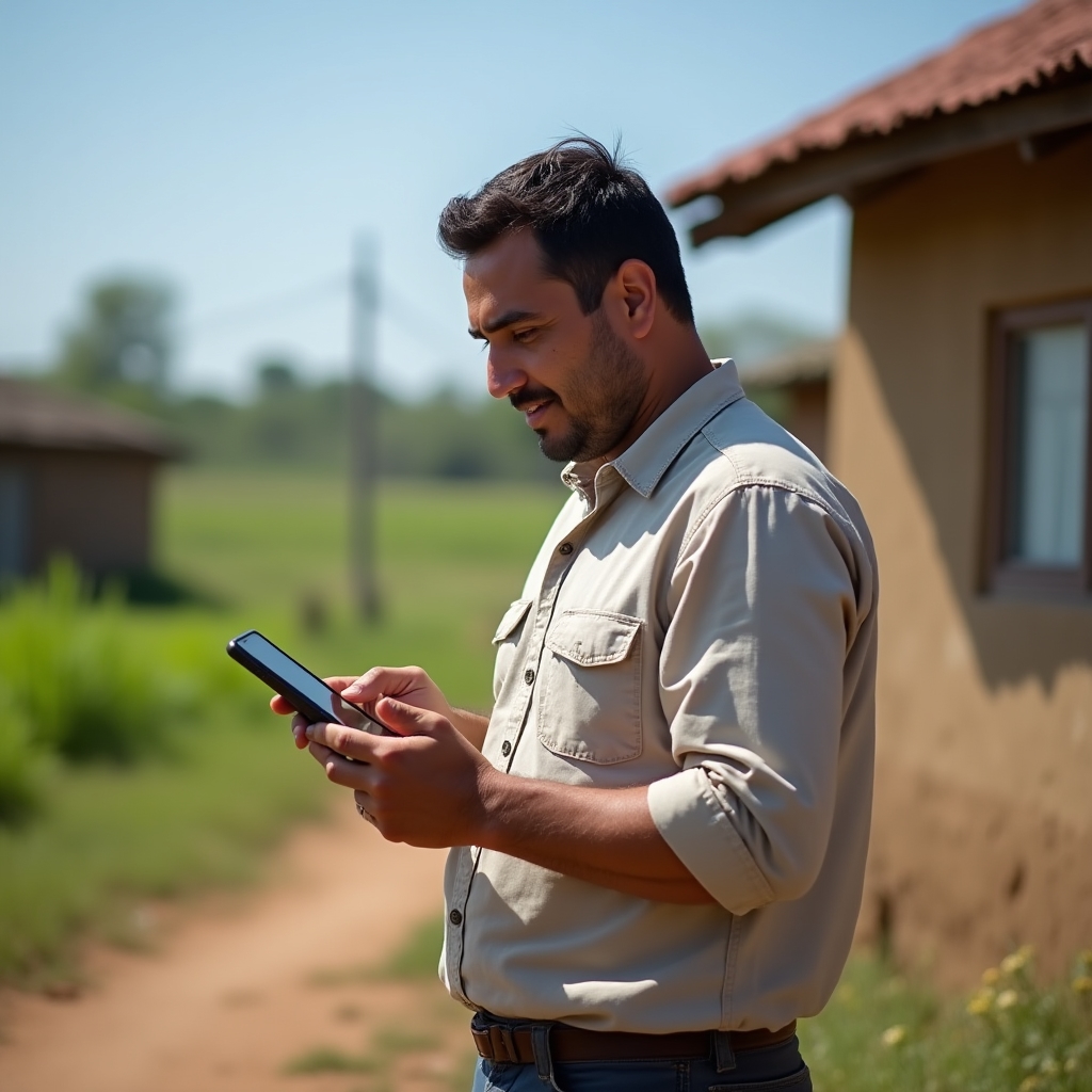 Rural Mexican worker in outdoor setting using smartphone to access financial education content, engaged and focused expression, natural daylight