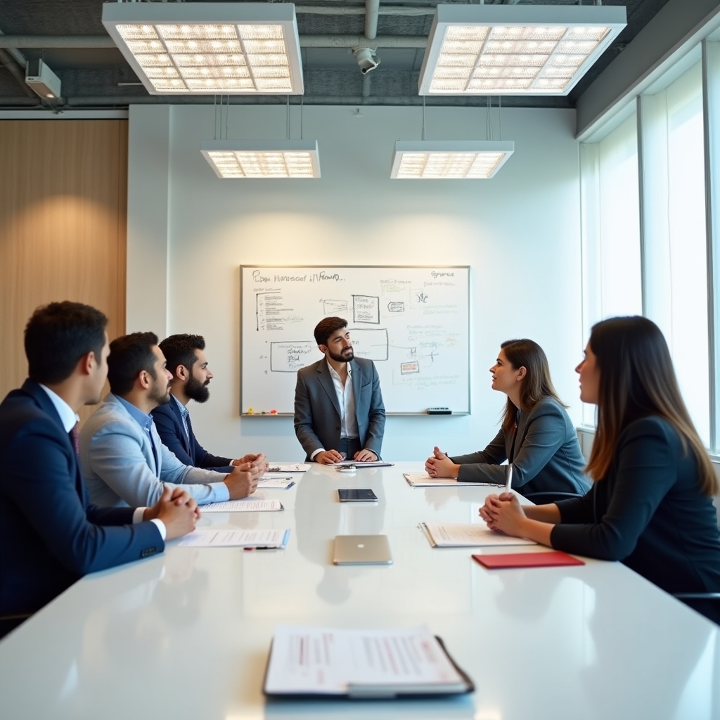 Grupo de empleados mexicanos diversos en un taller de educación financiera, atentos y participando activamente en sala de conferencias moderna
