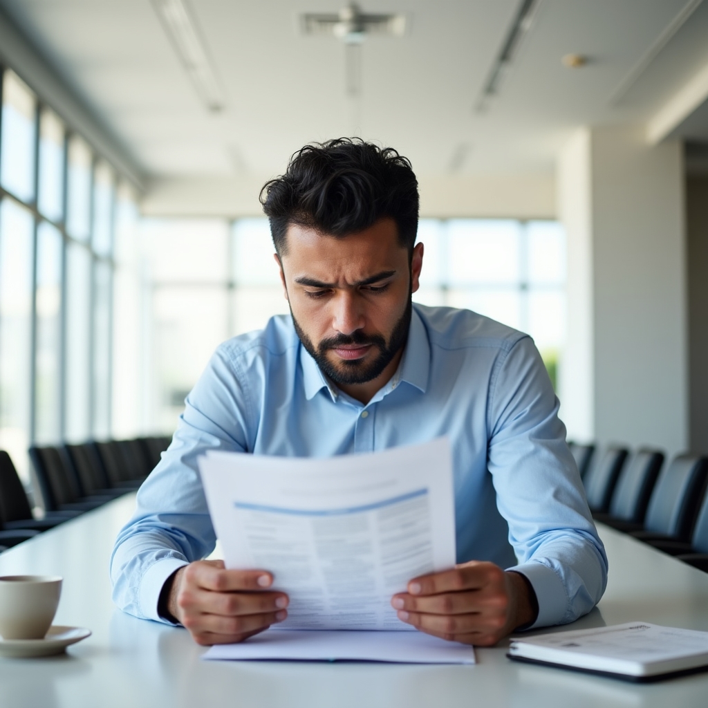 Empleado masculino en ropa de negocios casual revisando cuidadosamente su recibo de nómina impreso en sala de juntas con luz natural